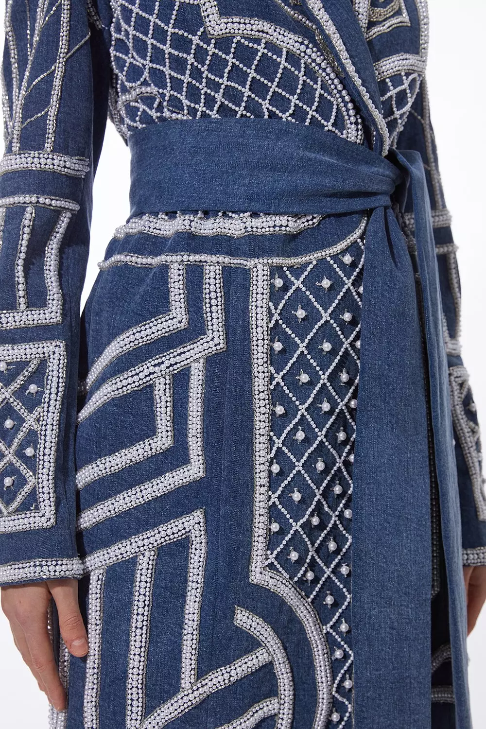 Pearl Embellished Woven Denim Maxi Blazer Dress | Karen Millen