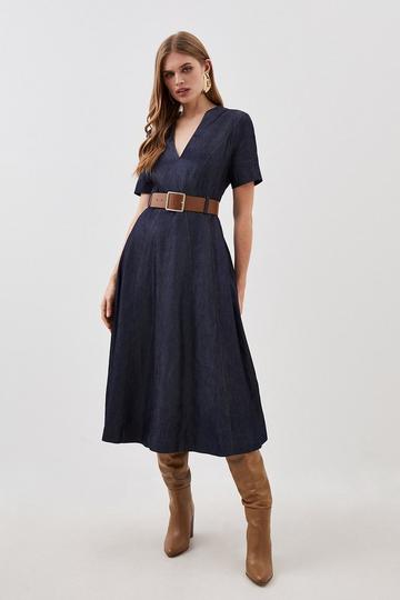 Denim Blue Tailored Jean Short Sleeve Full Skirt Midi Dress