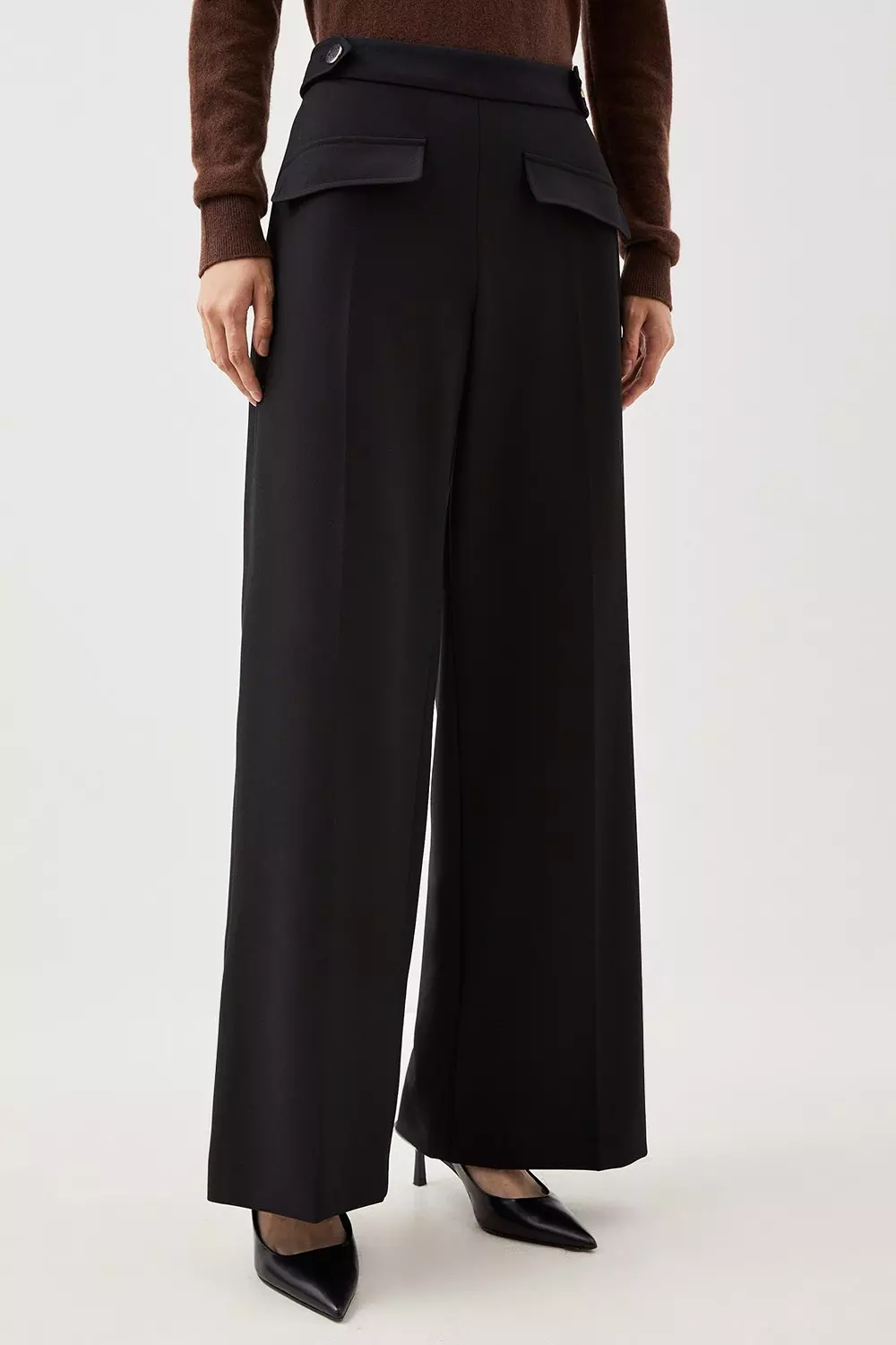 Tailored Compact Stretch High Waist Wide Leg Trousers