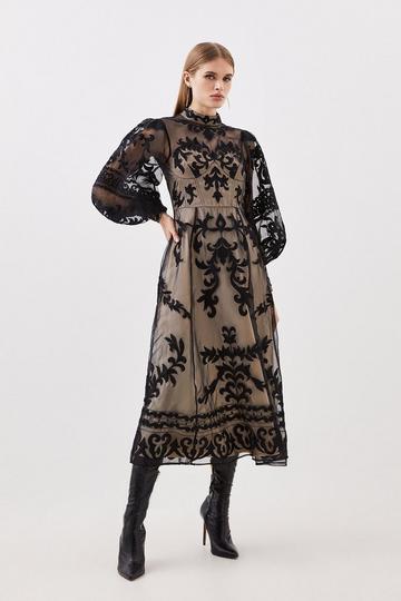 Black Baroque Applique Woven Maxi Dress