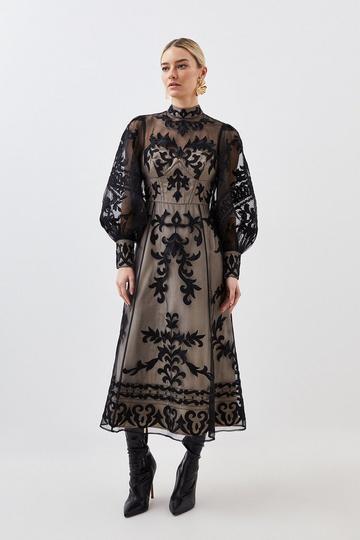 Black Petite Baroque Applique Woven Maxi Dress