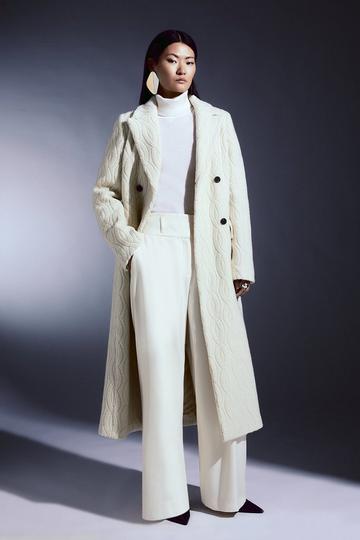 Italian Wool Relaxed Cable Double Breasted Midi Coat ivory