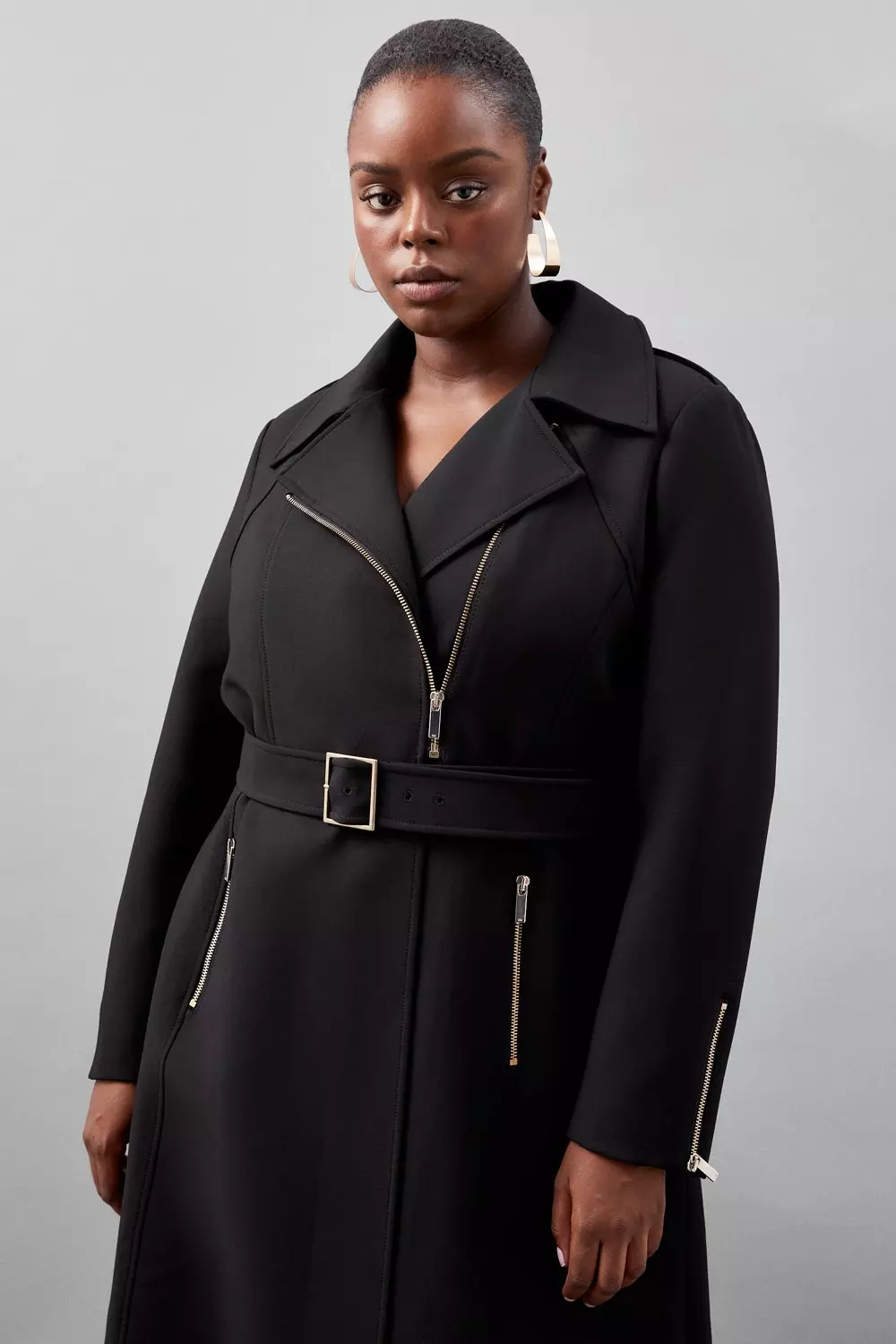 Plus Size Tailored Compact Stretch High Neck Belted Midi Coat