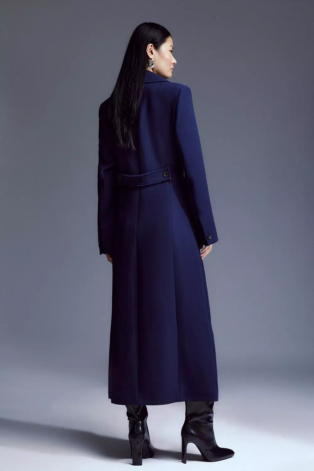 Petite Compact Stretch Tailored Double Breasted Full Skirt Midi Coat