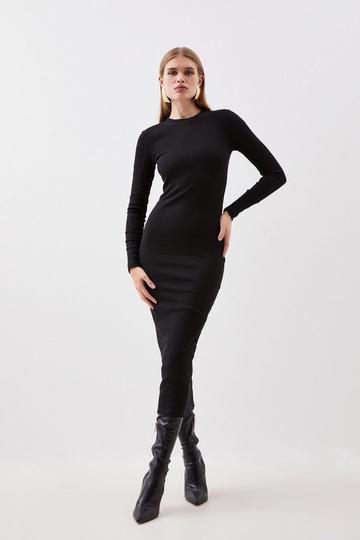 Black Compact Jersey Ribbed Maxi Dress