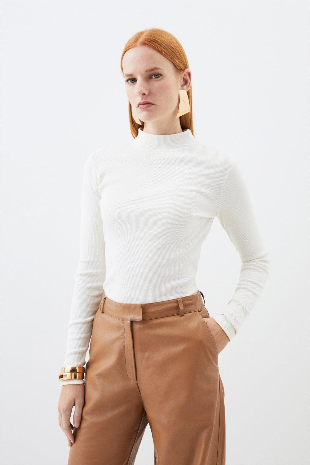 Compact Jersey Ribbed roll/polo neck Top - Ivory
