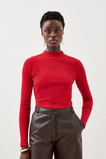Red Compact Jersey Ribbed Turtle Neck Top