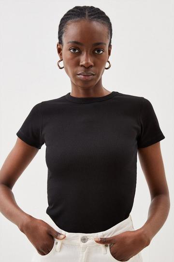 Black Compact Jersey Short Sleeve Ribbed Top