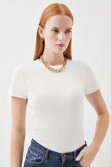 Compact Jersey Short Sleeve Ribbed Top ivory
