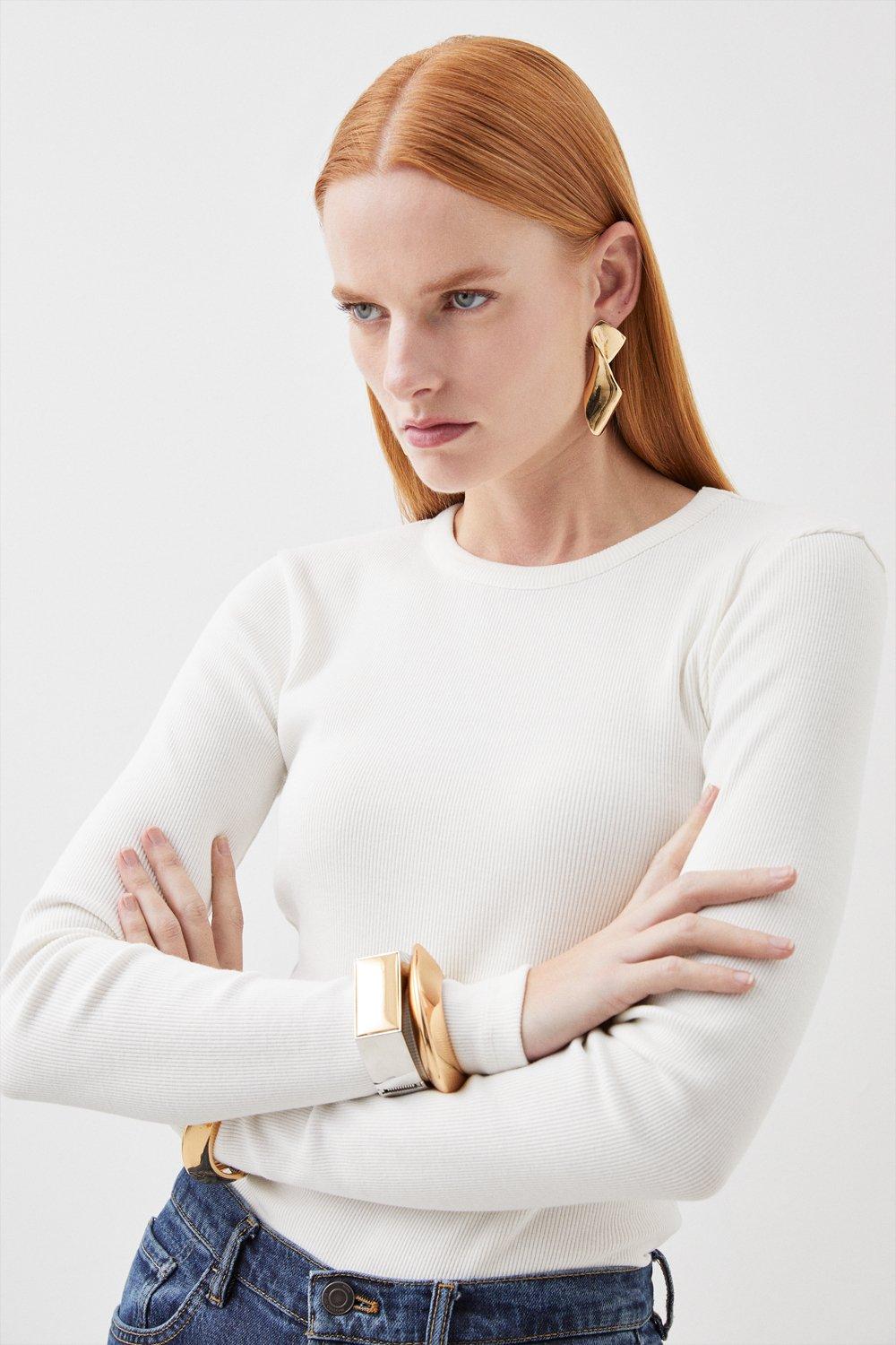 Compact Jersey Long Sleeve Ribbed Top - Ivory