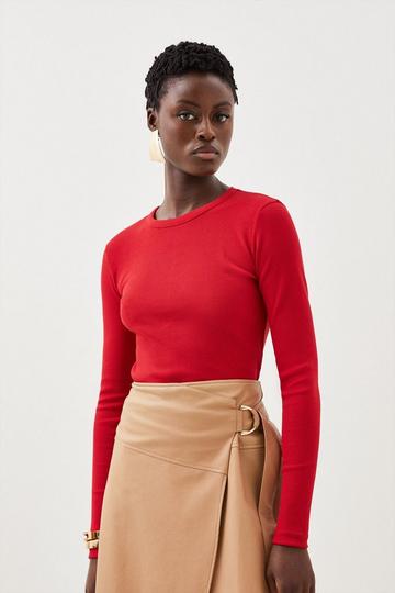 Red Compact Jersey Long Sleeve Ribbed Top