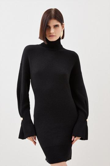 Black Premium Alpaca Wool Blend Mid Weight Roll Neck Knit Mini Dress