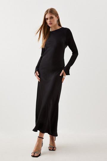 Black Viscose Satin Woven Long Sleeve Maxi Dress