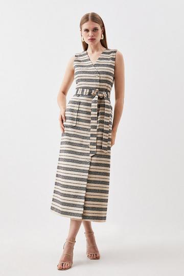 Tailored Striped Tweed Belted Sleeveless Midi Dress multi