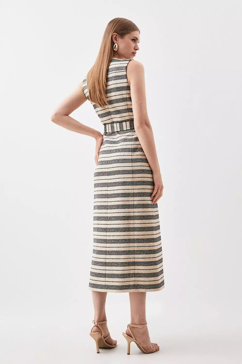 Tailored Striped Tweed Belted Sleeveless Midi Dress | Karen Millen