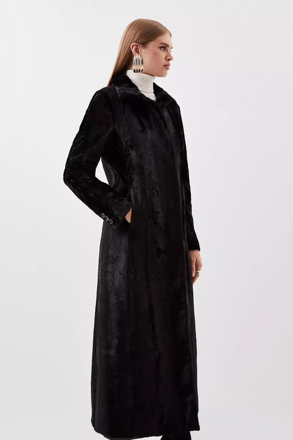 Signature Faux Ponyskin Texture Collared Midi Coat Karen Millen