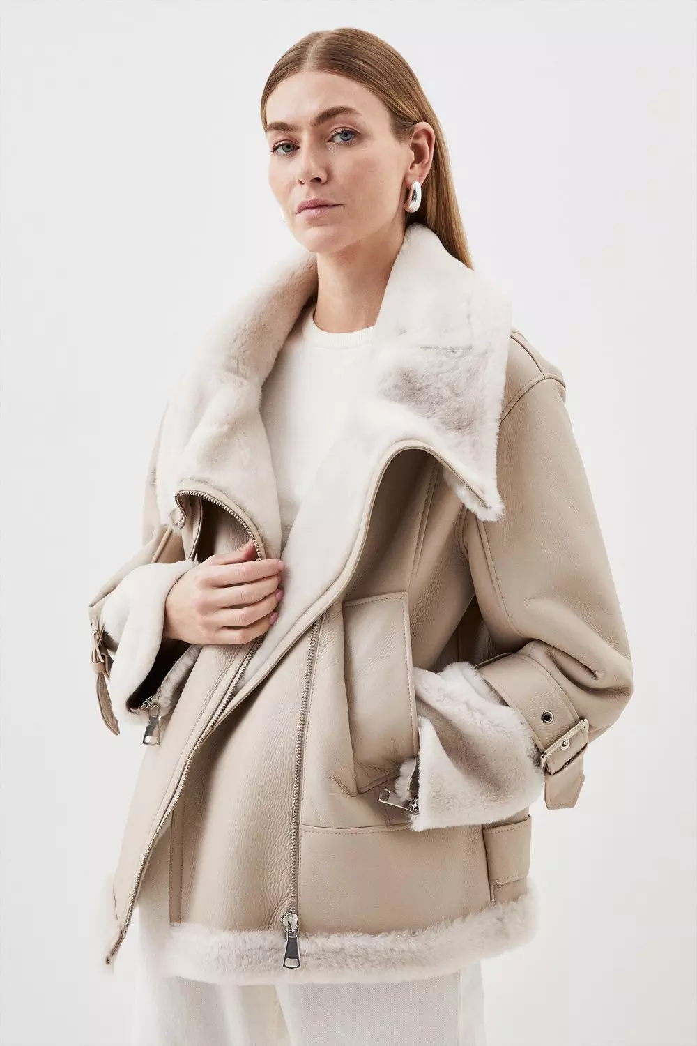 Karen millen on sale shearling aviator jacket