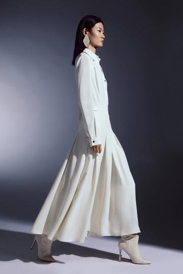 Tailored Crepe Pleated Midi Shirt Dress ivory