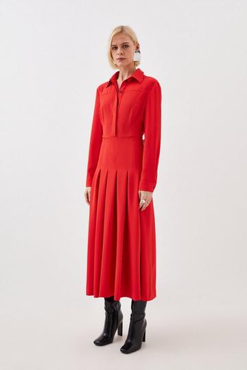 Tailored Crepe Pleated Midi Shirt Dress red
