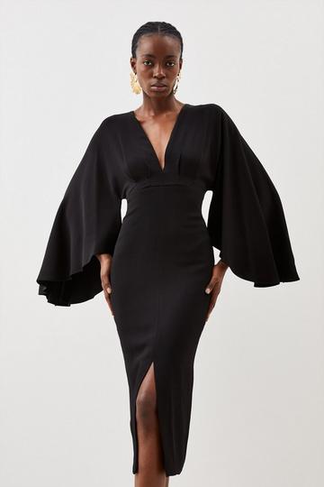 Tailored Compact Viscose Kimono Sleeve Plunge Neck Midi Dress black