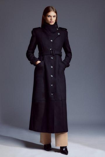 Tailored Wool Blend High Neck Belted Maxi Coat black