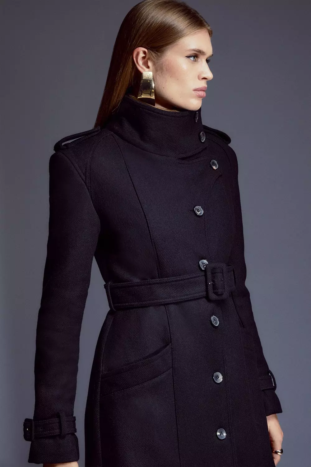 Black wool store funnel neck coat