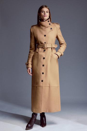 Tailored Wool Blend High Neck Belted Maxi Coat camel