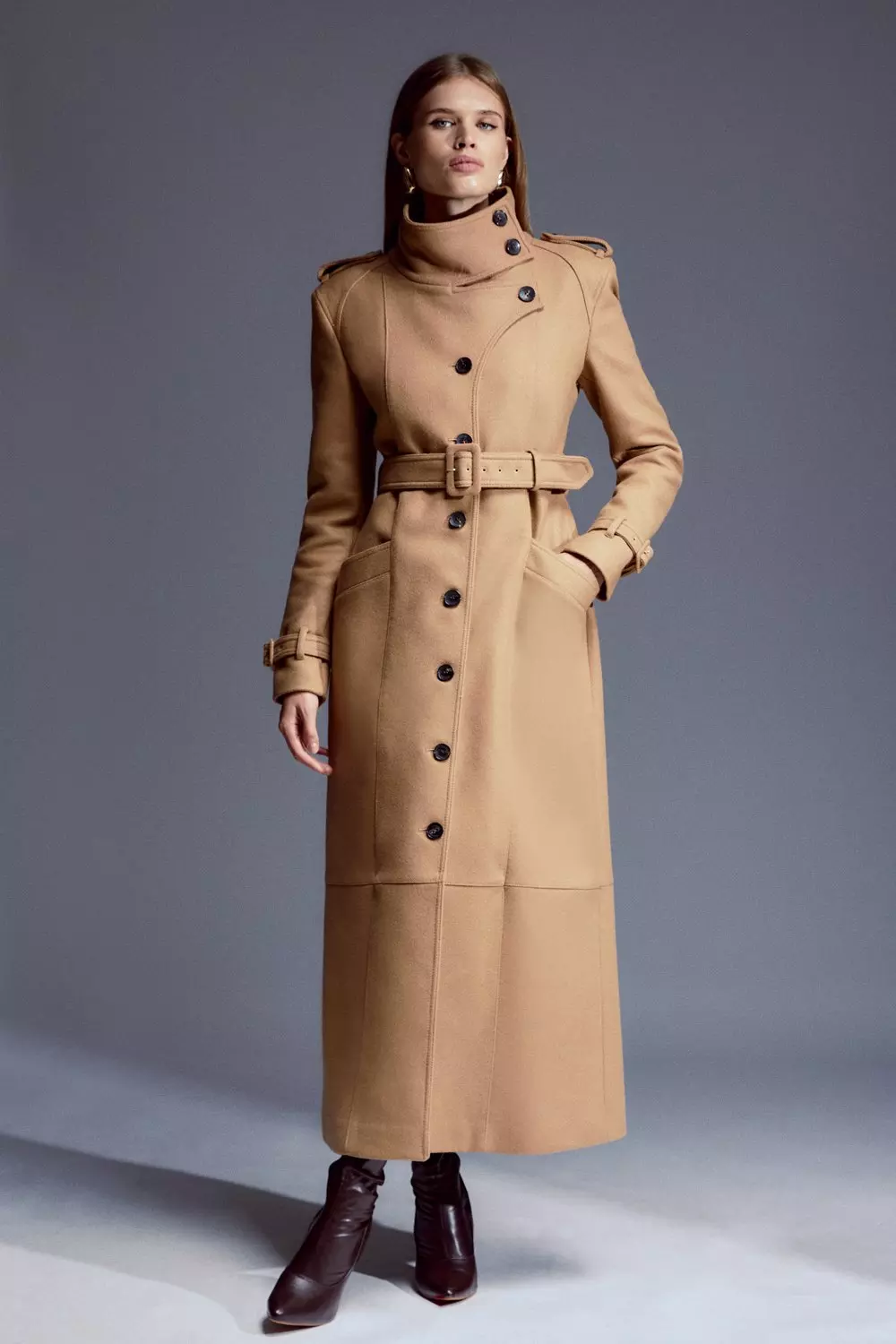 Tailored Wool Blend High Neck Belted Maxi Coat | Karen Millen