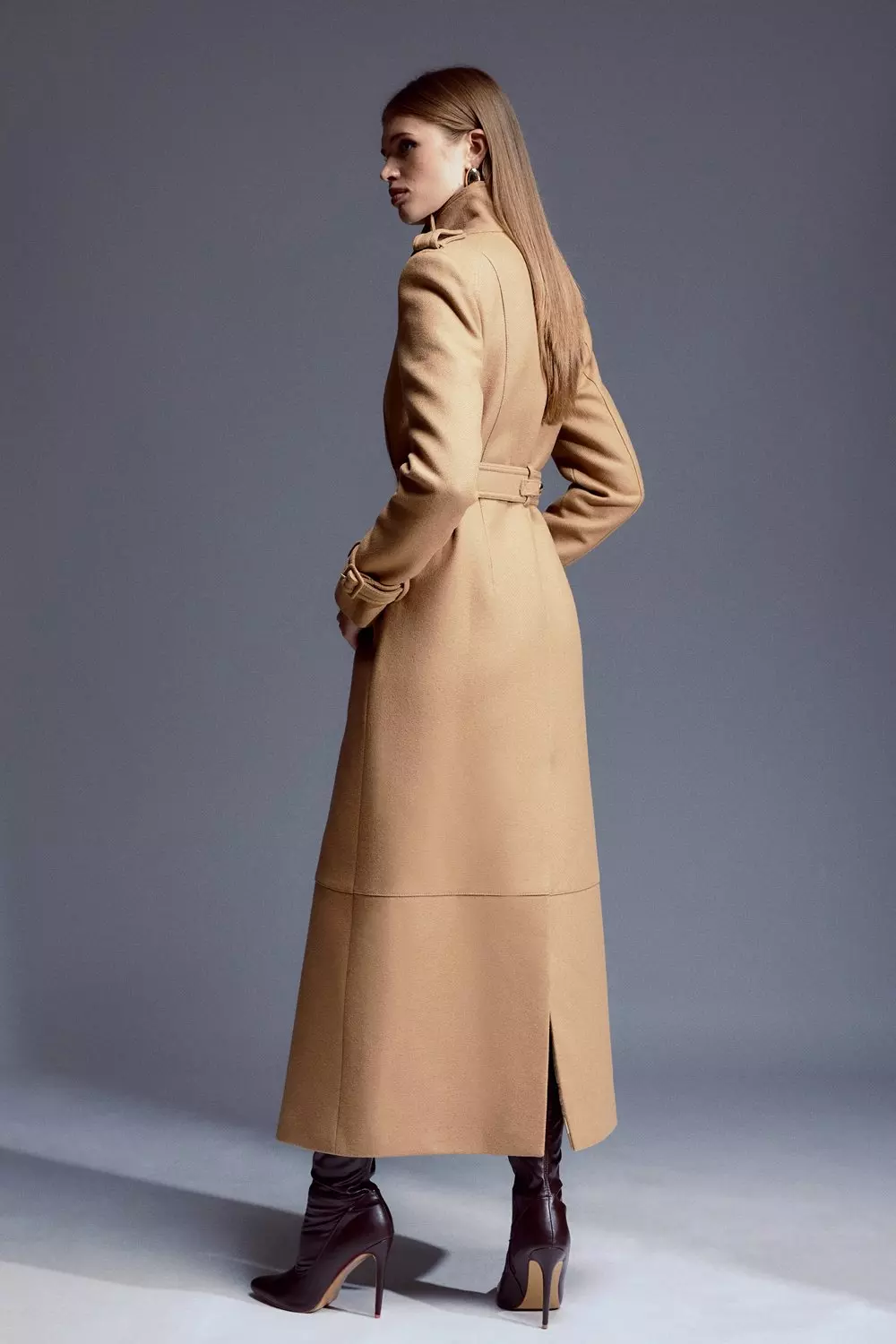 Tailored Wool Blend High Neck Belted Maxi Coat Karen Millen