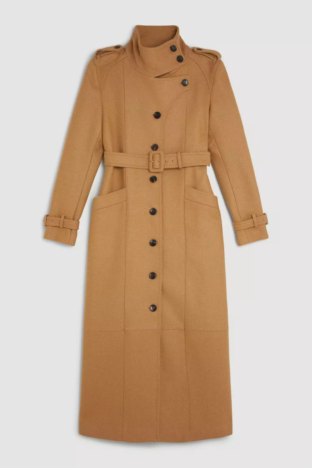 Tailored Wool Blend High Neck Belted Maxi Coat Karen Millen