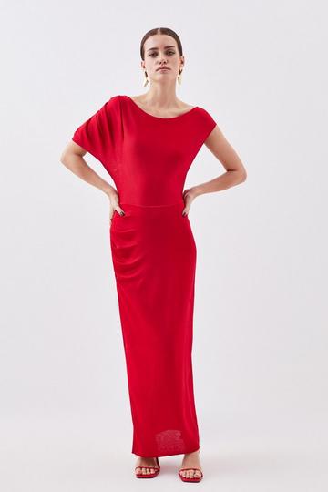 Red Petite Slinky Viscose Drop Shoulder Knit Midaxi Dress