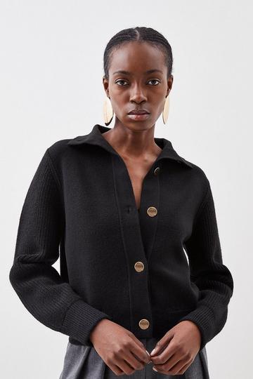 Compact Wool Blend Contrast Knit Sleeve Jacket black