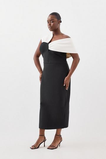 Black Plus Size Figure Form Bandage Knit Asymmetric Strap Midi Dress