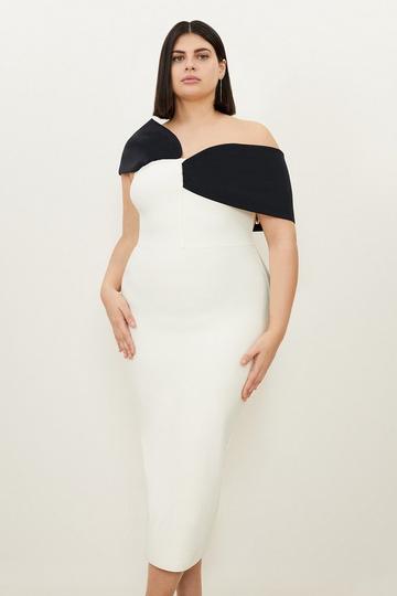 Cream White Plus Size Figure Form Bandage Knit Asymmetric Strap Midi Dress