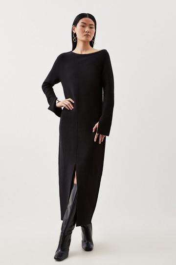 Black Petite Compact Knit Wool Look Drop Shoulder Midi Dress