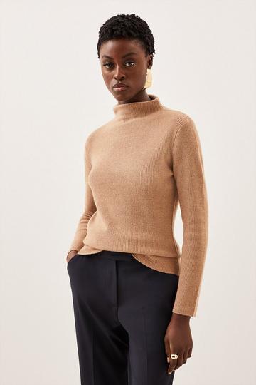 Cashmere Wool Knit Roll Neck Top camel