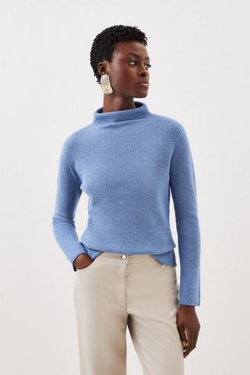 Blue Cashmere Wool Knit Roll Neck Top