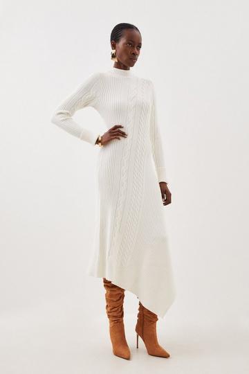 Ivory White Viscose Blend High Neck Asymmetric Hem Cable Knit Midaxi Dress