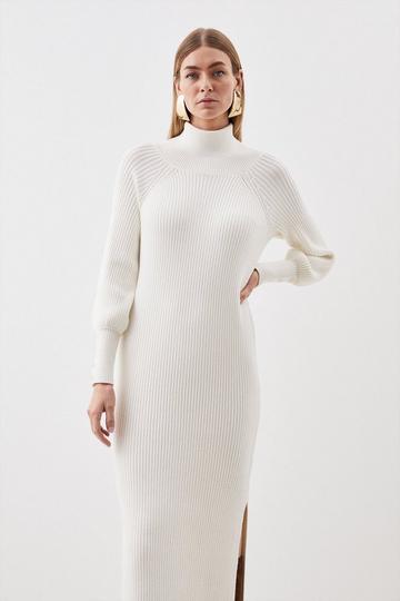 Ivory White Viscose Blend Funnel Neck Cable Knit Maxi Dress