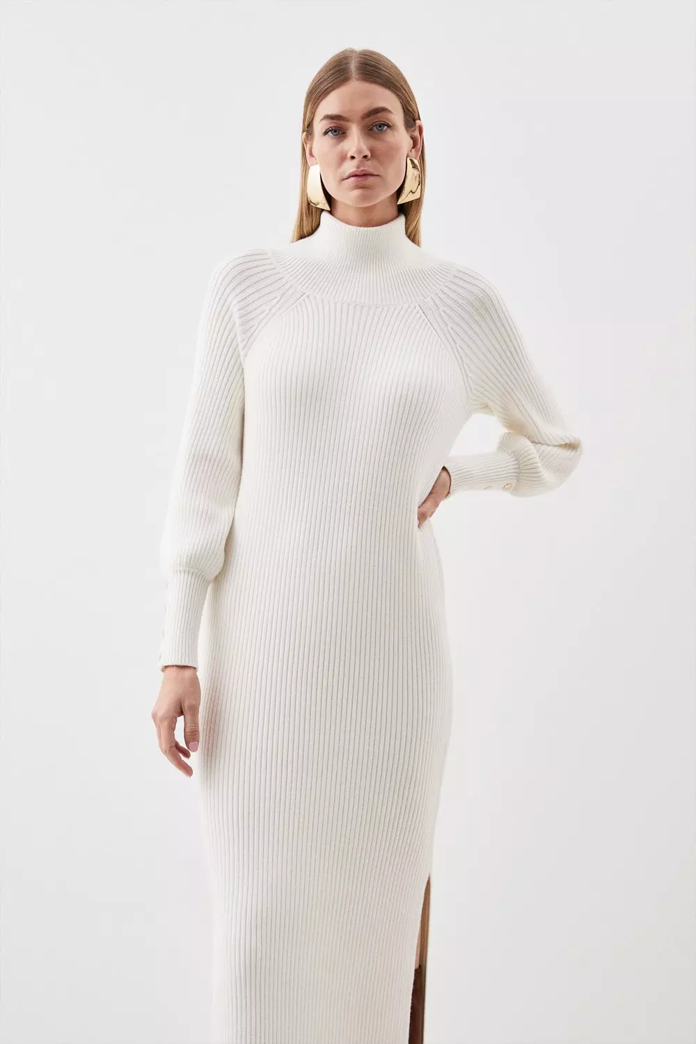 Viscose Blend Funnel Neck Cable Knit Maxi Dress | Karen Millen