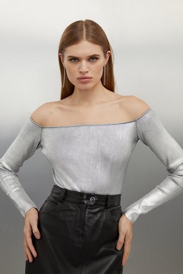 Silver Premium Viscose Blend Body Contouring Foiled Knit Bardot Thong Bodysuit
