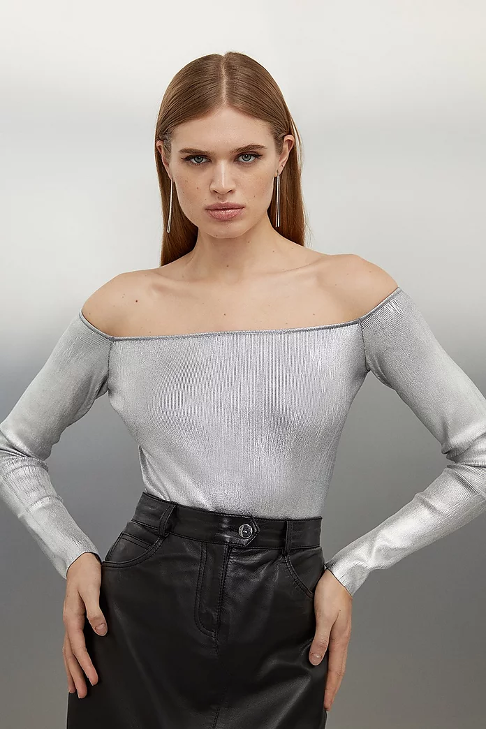 Premium Viscose Blend Body Contouring Foiled Knit Off The Shoulder Thong  Bodysuit | Karen Millen