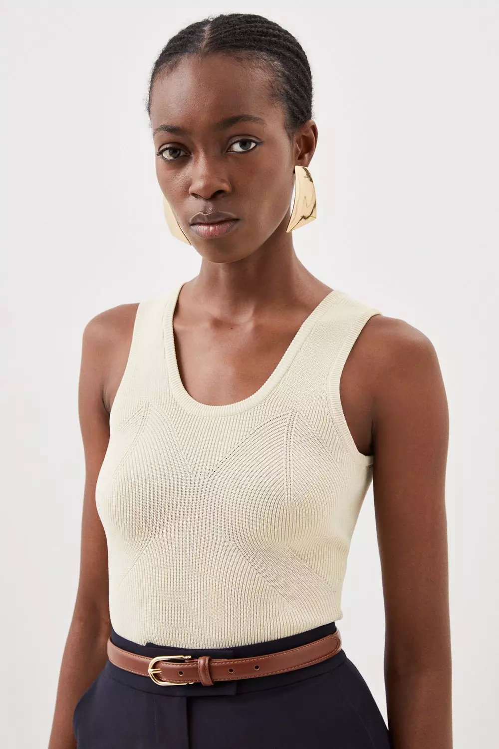 Viscose Blend Compact Rib Knit Scoop Neck Vest Top | Karen Millen