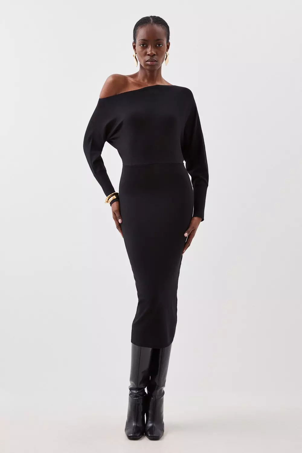 Viscose Blend Knit Asymmetric Neck Midi Dress | Karen Millen
