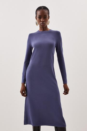 Blue Viscose Blend Knit Midi Dress