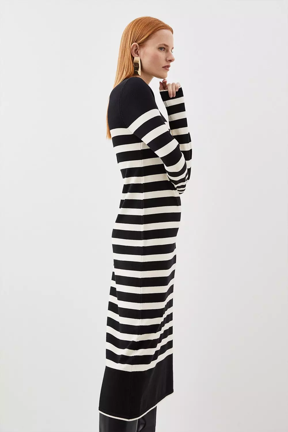 Black Sheer Knit Stripe Midi Dress