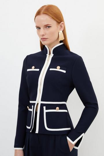Figure Form Bandage Contrast Piping Knit Jacket navy