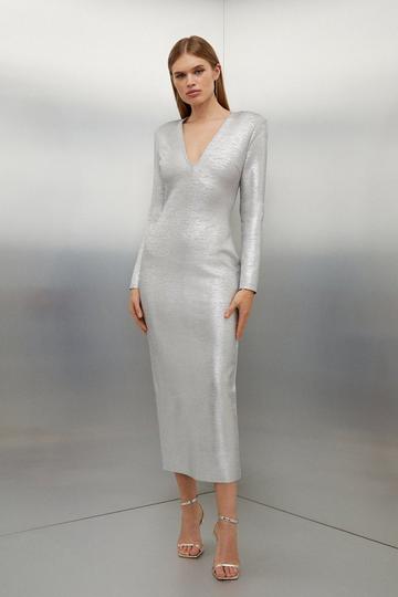 Silver Foiled Figure Form Bandage V Neck Knit Midaxi Dress