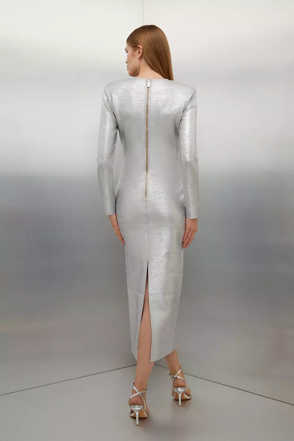 Silver long 2024 sleeve midi dress