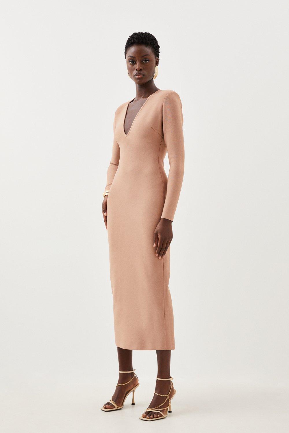 Figure Form Bandage Knit V Neck Midaxi Dress | Karen Millen